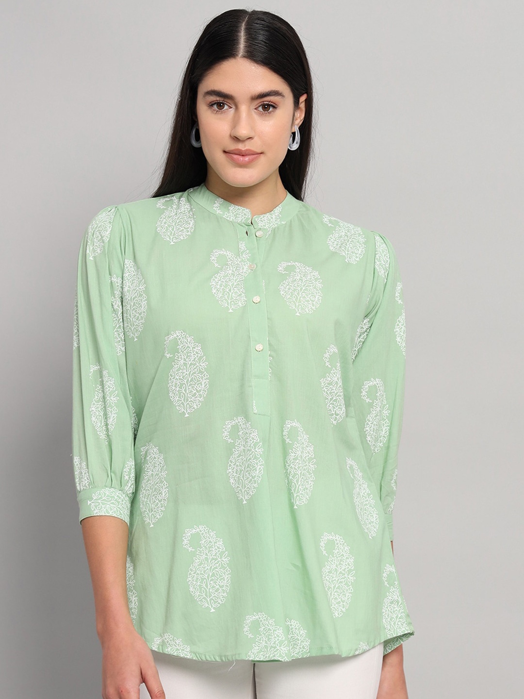 

HANDICRAFT PALACE Ethnic Motifs Printed Mandarin Collar Cotton Shirt Style Top, Green