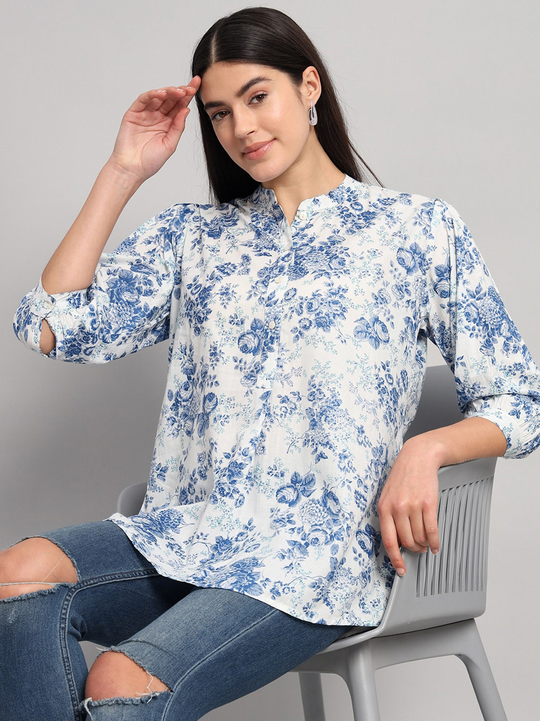 

HANDICRAFT PALACE Floral Print Mandarin Collar Cotton Shirt Style Top, White