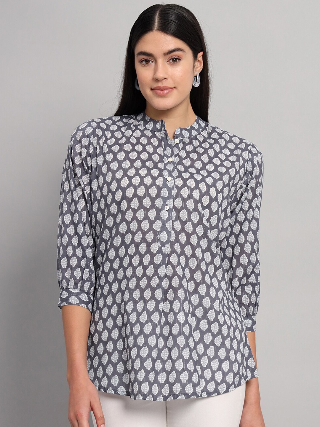 

HANDICRAFT PALACE Printed Mandarin Collar Cotton Shirt Style Top, Grey