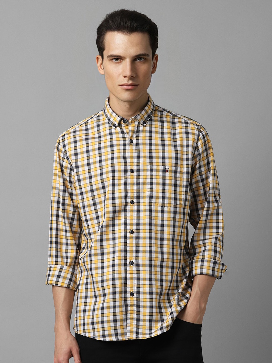 

Louis Philippe Jeans Slim Fit Opaque Checked Cotton Casual Shirt, Yellow