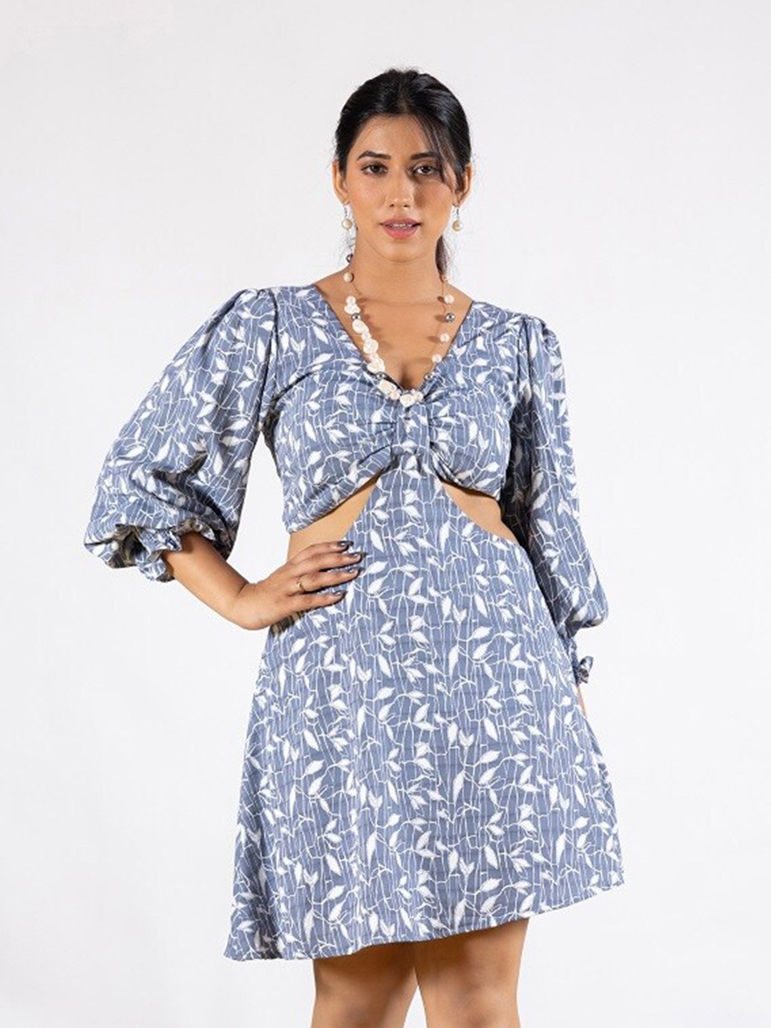 

BAESD V Neck Floral Printed Puff Sleeve Dress, Blue