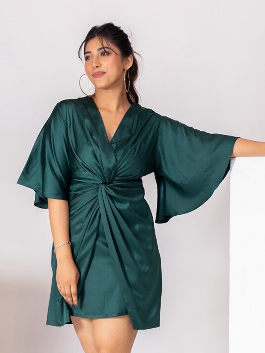 

BAESD V Neck Flared Sleeves A-Line Dress, Teal