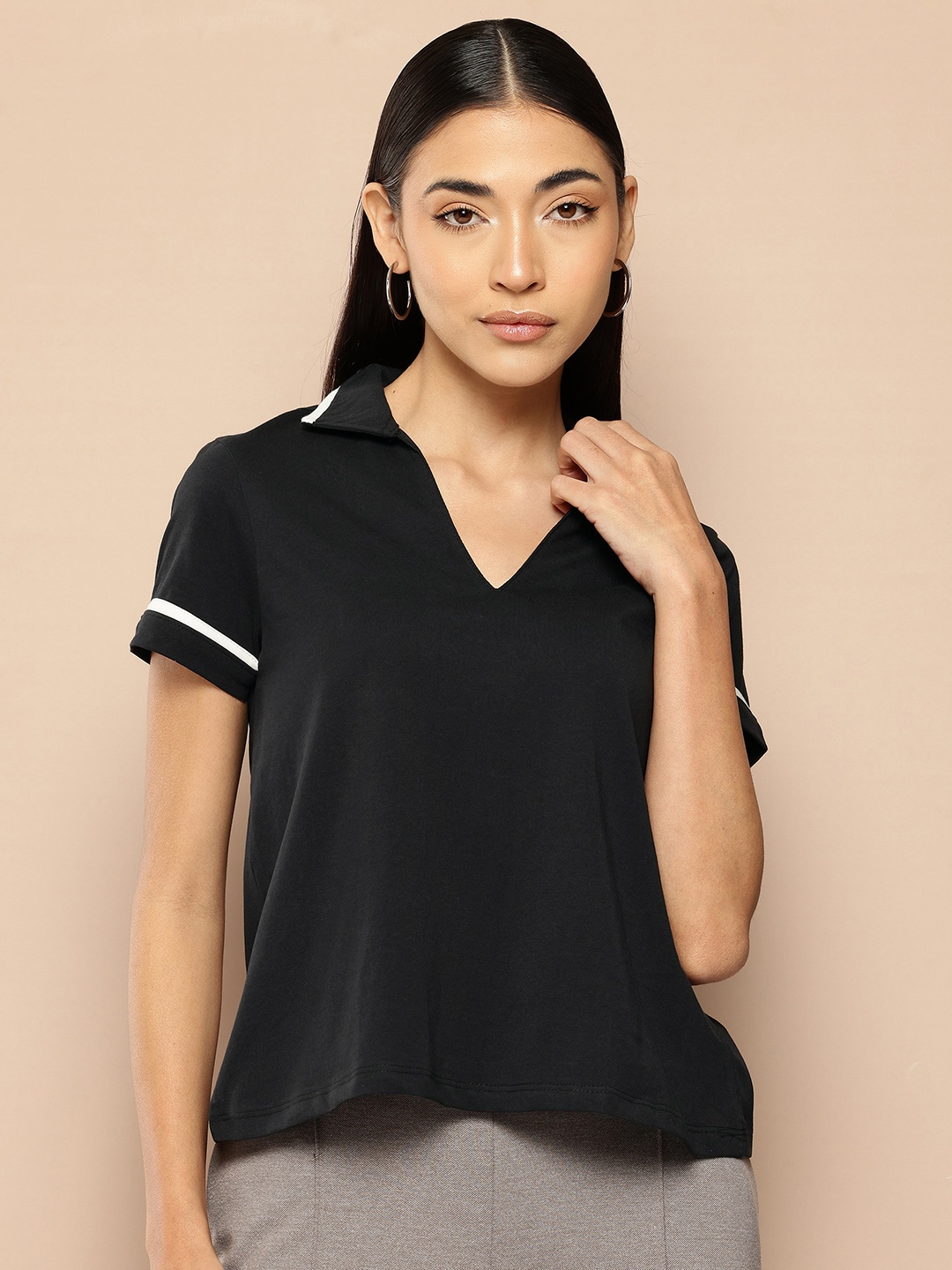 

Chemistry Women Polo Collar Pure Cotton T-shirt, Black