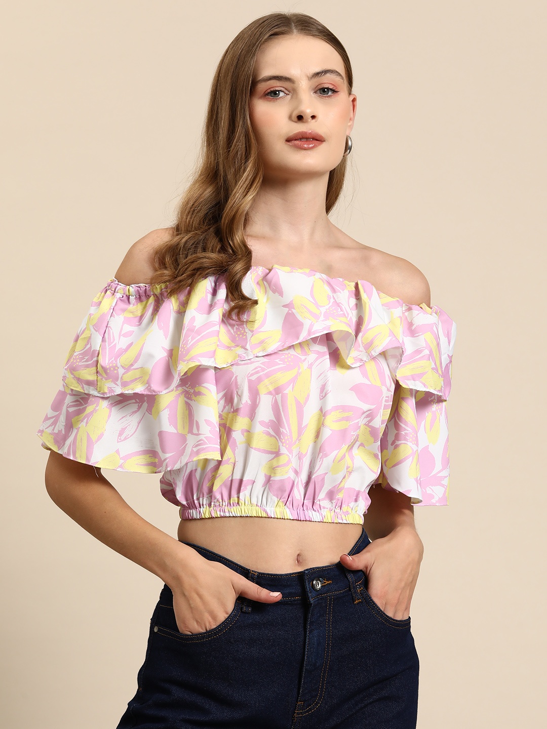 

Mast & Harbour Floral Print Off-Shoulder Ruffles Bardot Top, Pink