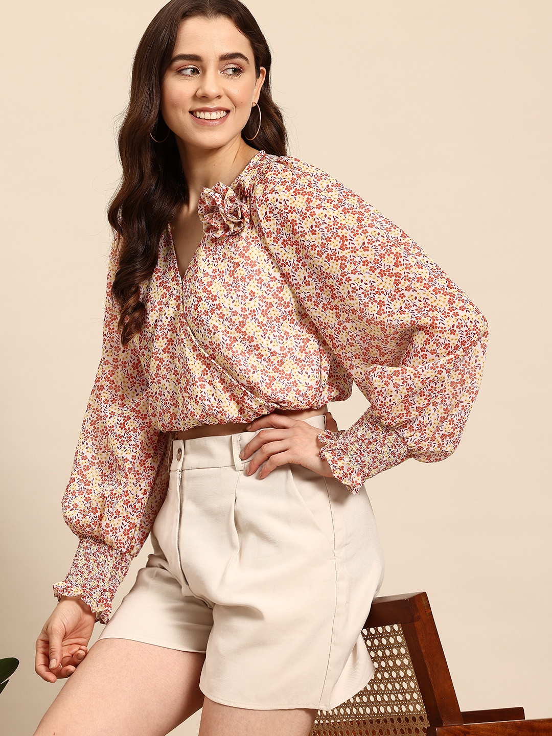 

Mast & Harbour Printed Smocked Wrap Style Top, Cream