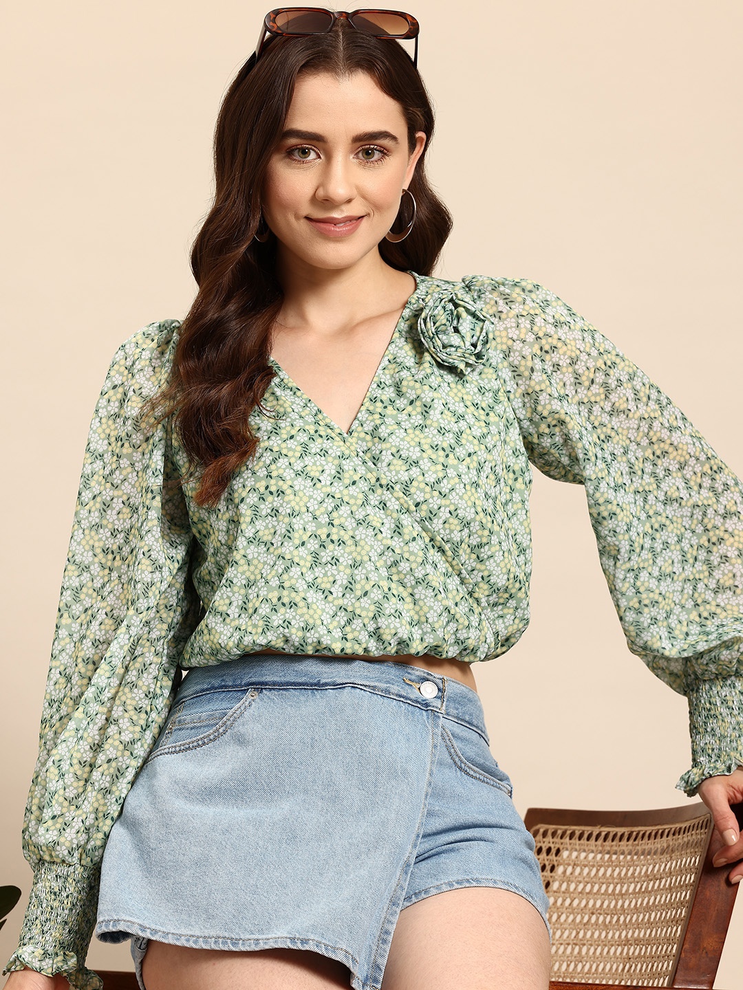 

Mast & Harbour Printed Smocked Wrap Style Top, Green