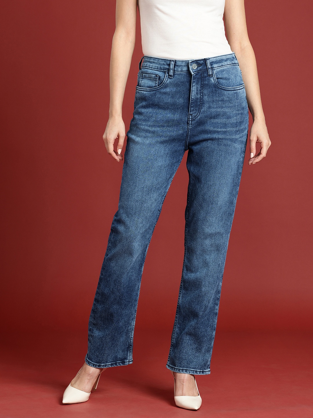 

all about you Women Straight Fit High-Rise Heavy Fade Stretchable Jeans, Blue