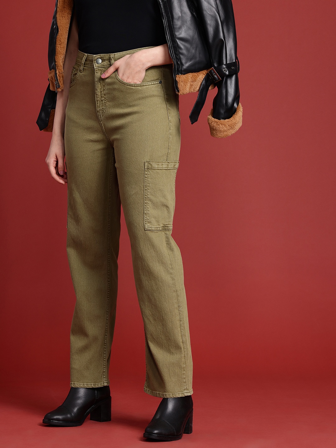 

all about you Women Straight Fit High-Rise Stretchable Cargo Style Jeans, Olive
