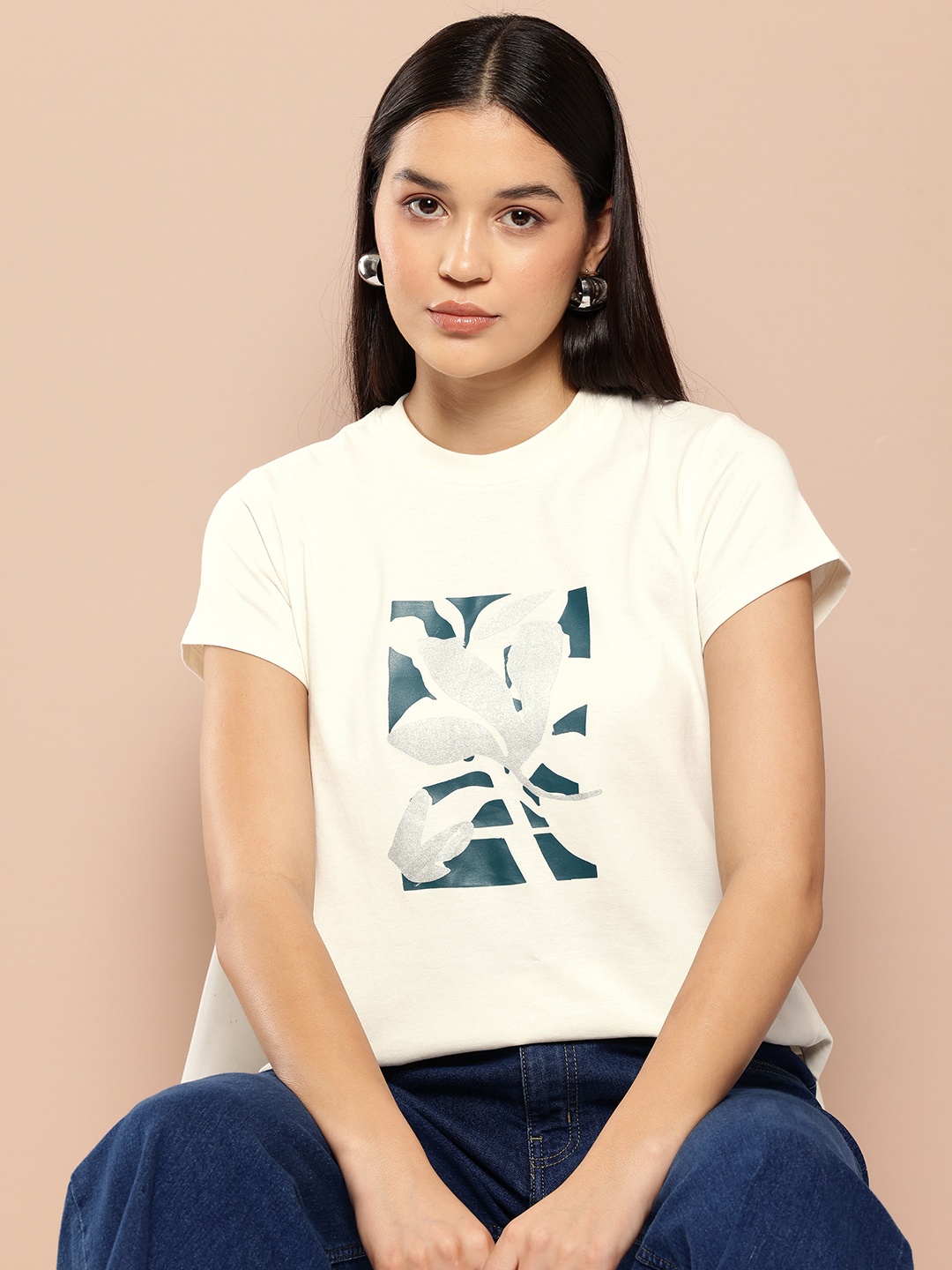 

Chemistry Women Printed Pure Cotton T-shirt, Off white