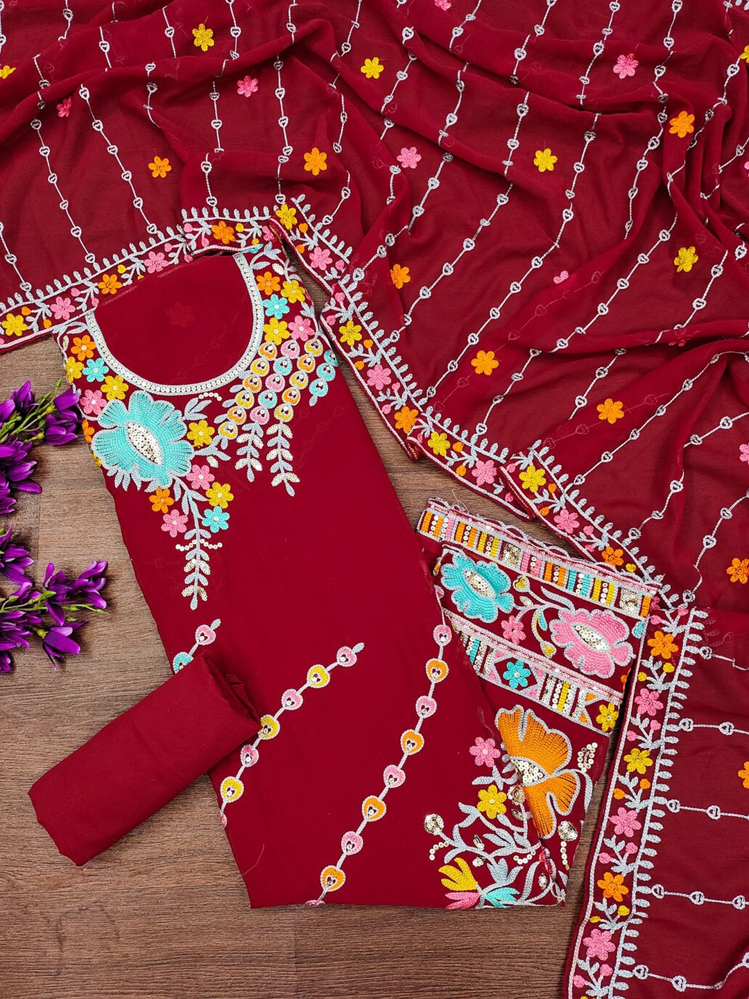 

KALINI Embroidered Unstitched Dress Material, Maroon