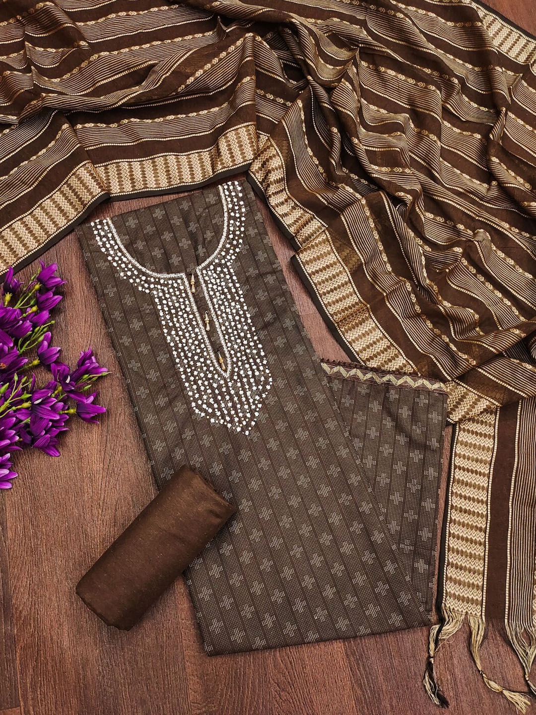 

KALINI Geometric Printed Beads and Stones Unstitched Dress Material, Brown