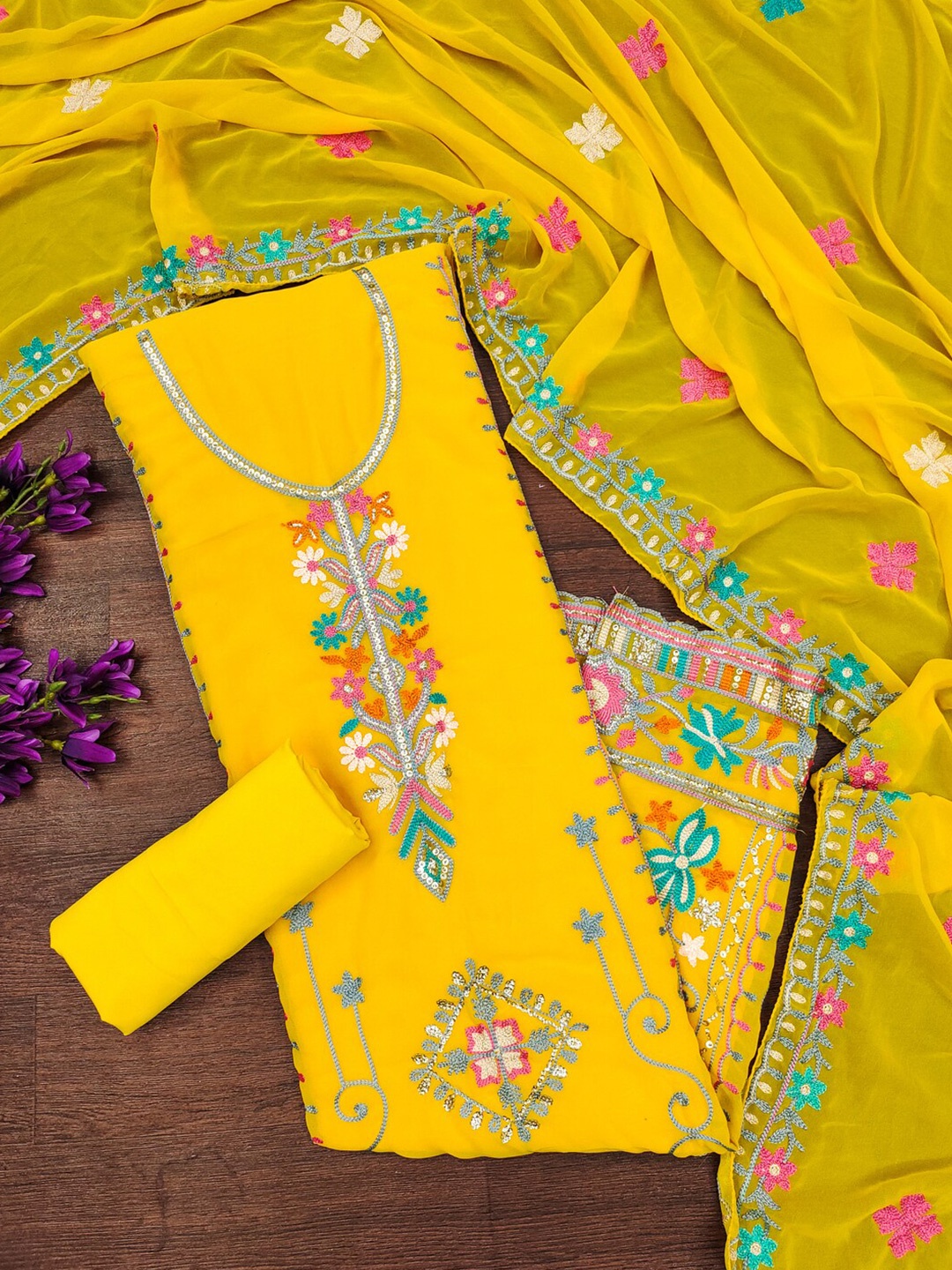 

KALINI Embroidered Unstitched Dress Material, Yellow