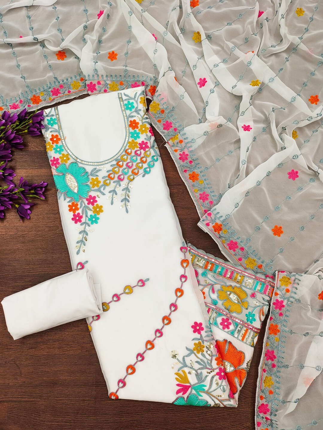 

KALINI Embroidered Unstitched Dress Material, White