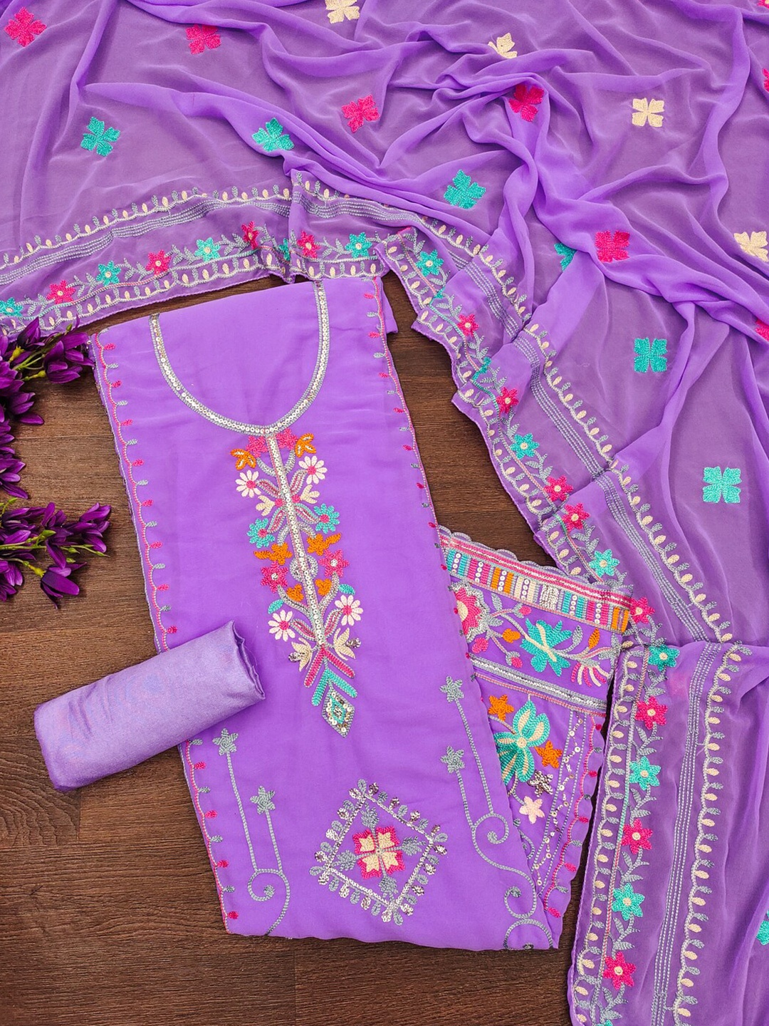 

KALINI Embroidered Unstitched Dress Material, Lavender