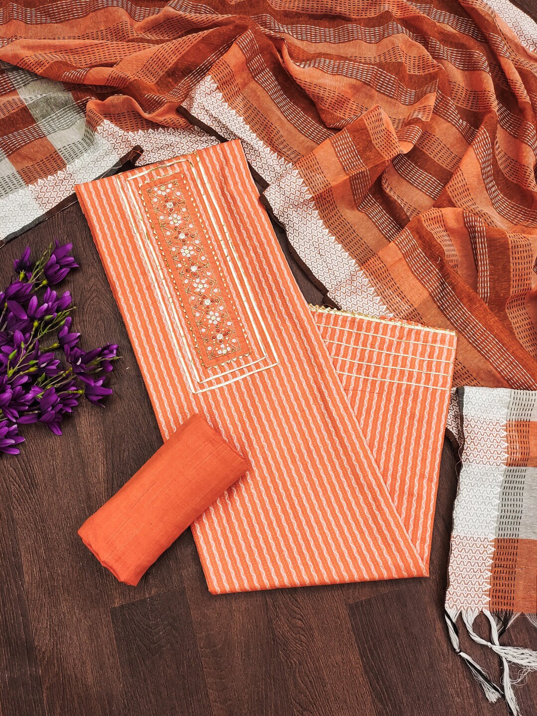 

KALINI Embroidered Unstitched Dress Material, Orange