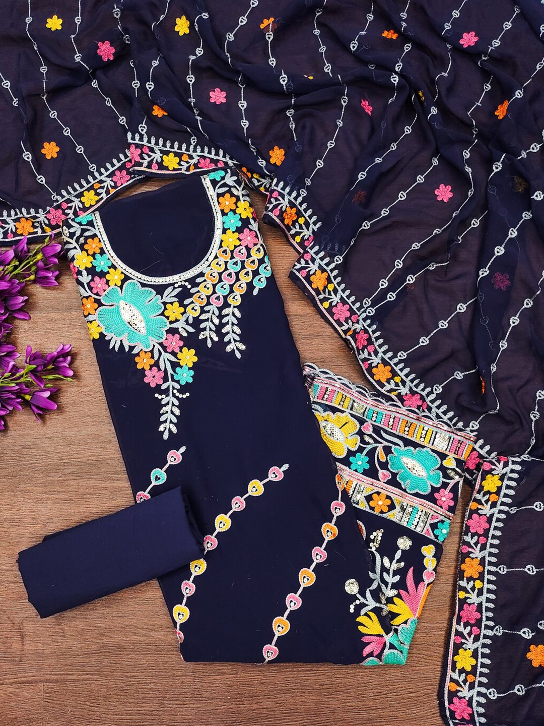 

KALINI Embroidered Unstitched Dress Material, Navy blue