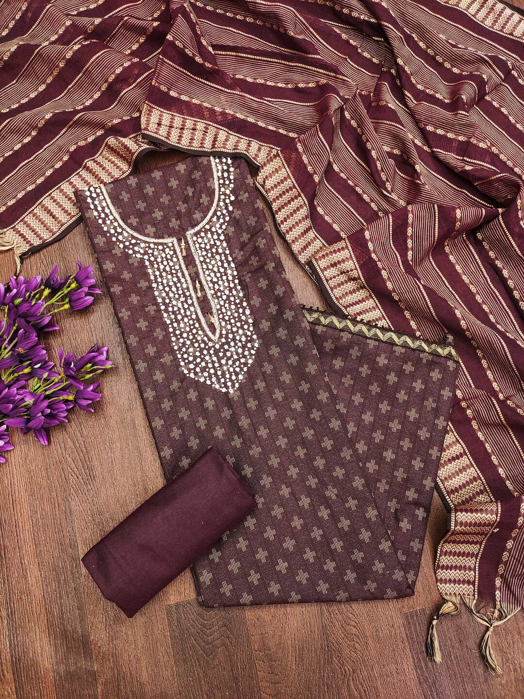 

KALINI Embroidered Unstitched Dress Material, Burgundy