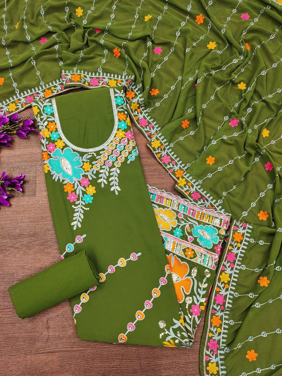 

KALINI Embroidered Unstitched Dress Material, Olive