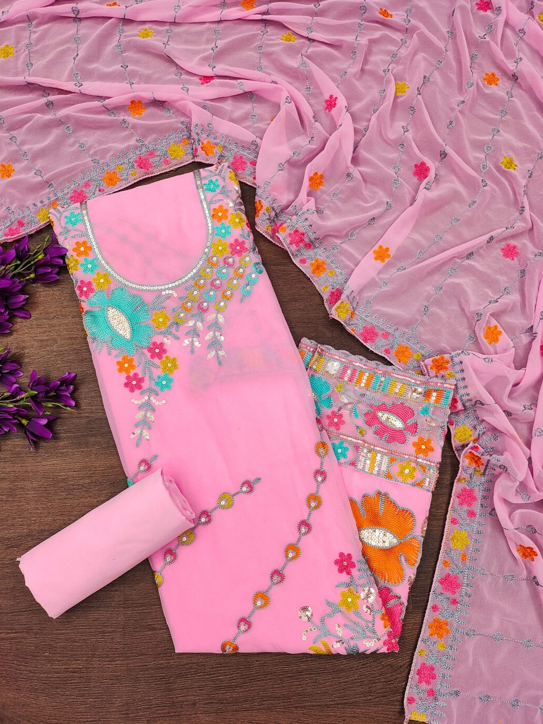 

KALINI Embroidered Unstitched Dress Material, Pink