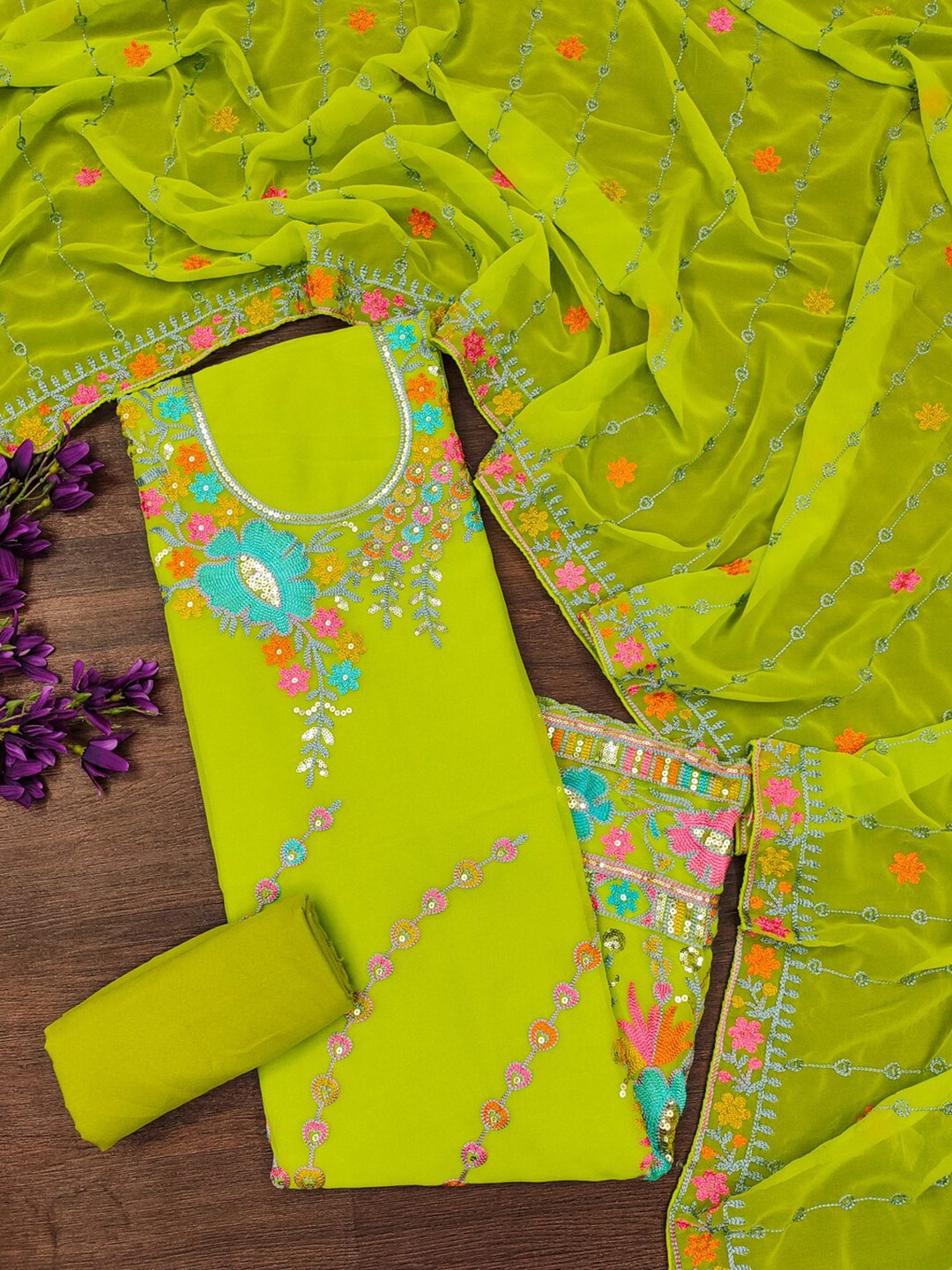 

KALINI Embroidered Unstitched Dress Material, Lime green