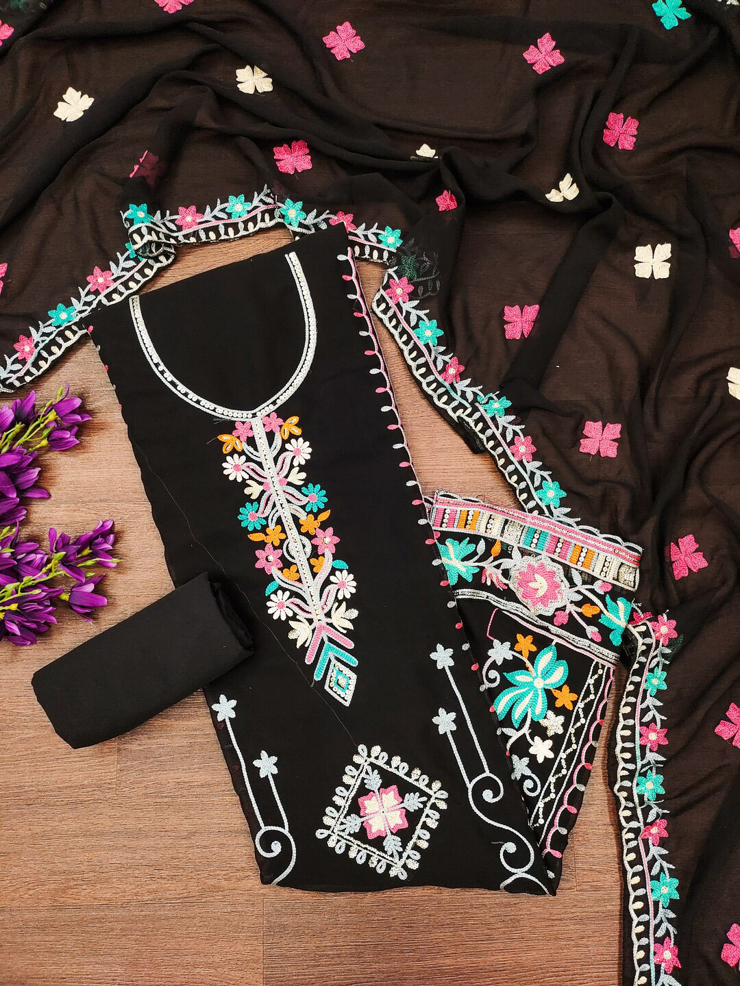

KALINI Embroidered Unstitched Dress Material, Black