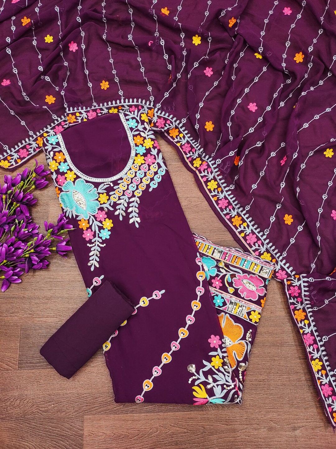 

KALINI Embroidered Unstitched Dress Material, Magenta