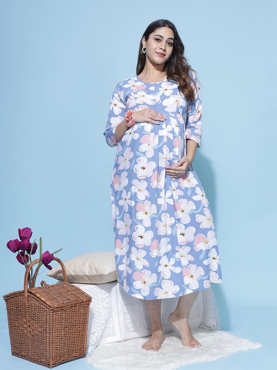 

9shines Label Floral Printed Maternity Midi Nightdress, Blue