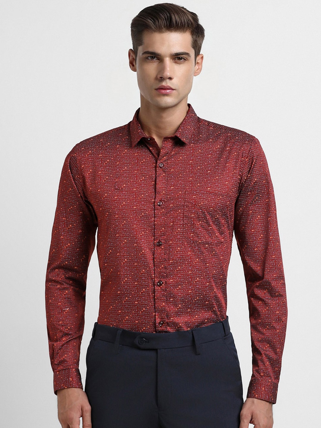 

Peter England Micro Ditsy Printed Slim Fit Opaque Cotton Formal Shirt, Maroon