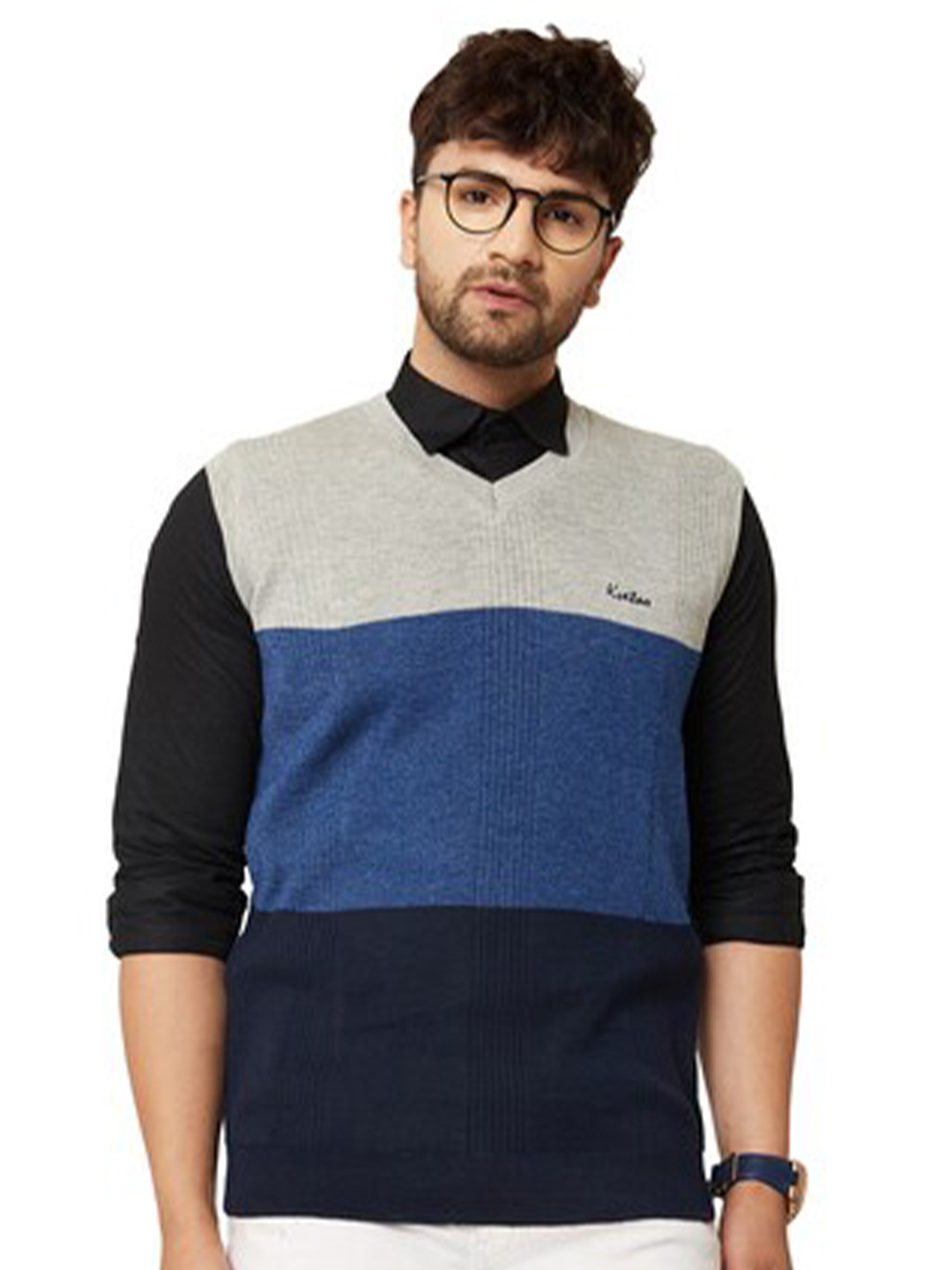 

KVETOO Men Colourblocked Sweater Vest, Blue