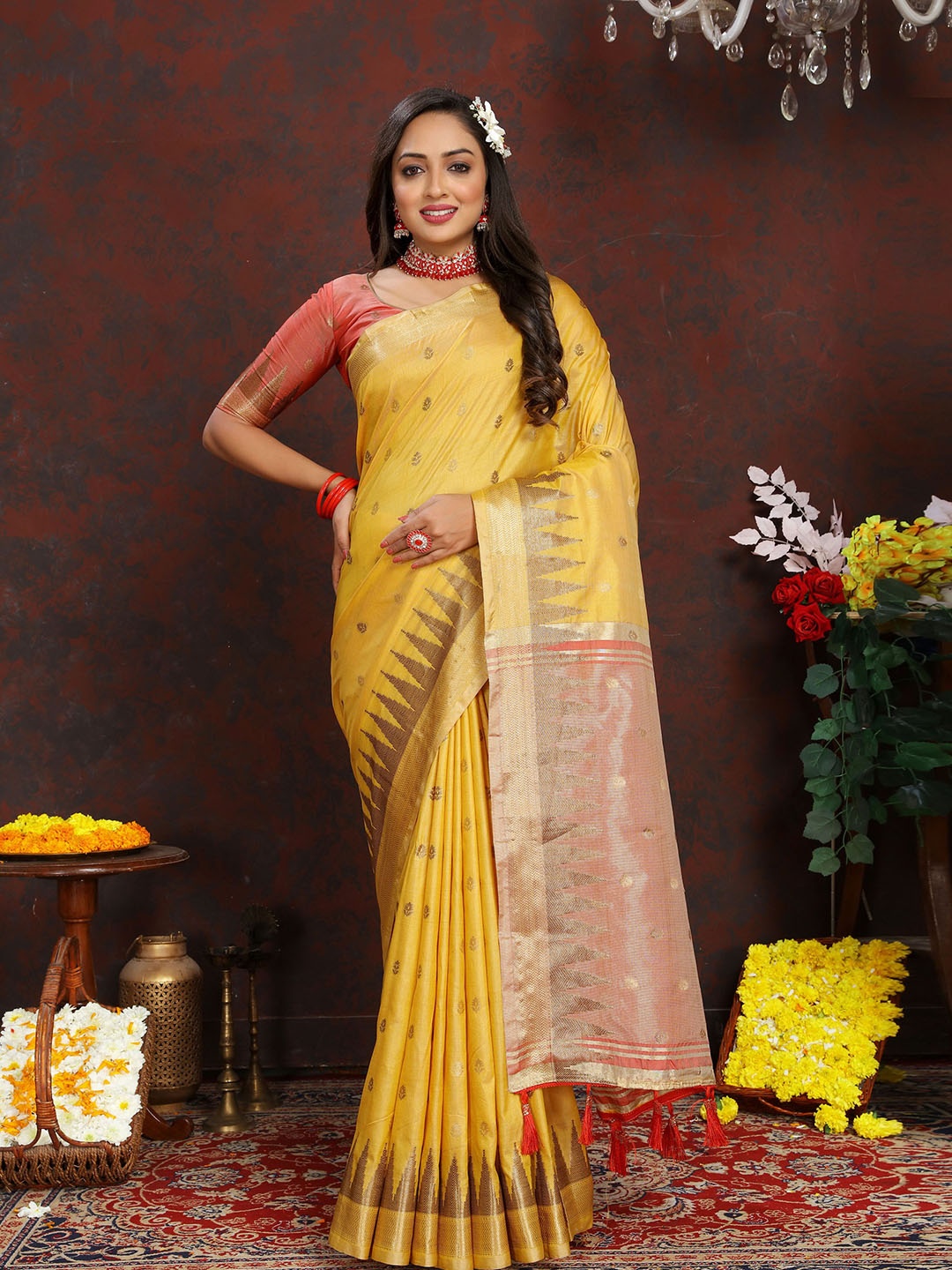 

V3 FASHION STUDIO Woven Design Zari Silk Cotton Banarasi Saree, Yellow