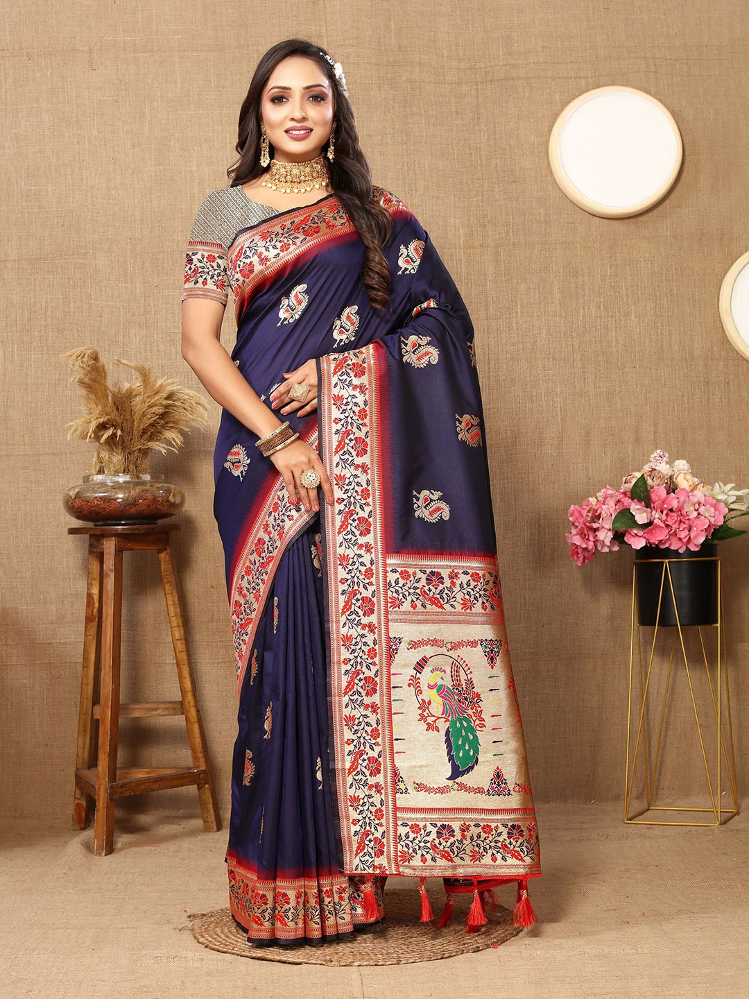 

V3 FASHION STUDIO Woven Design Zari Pure Silk Paithani Saree, Blue