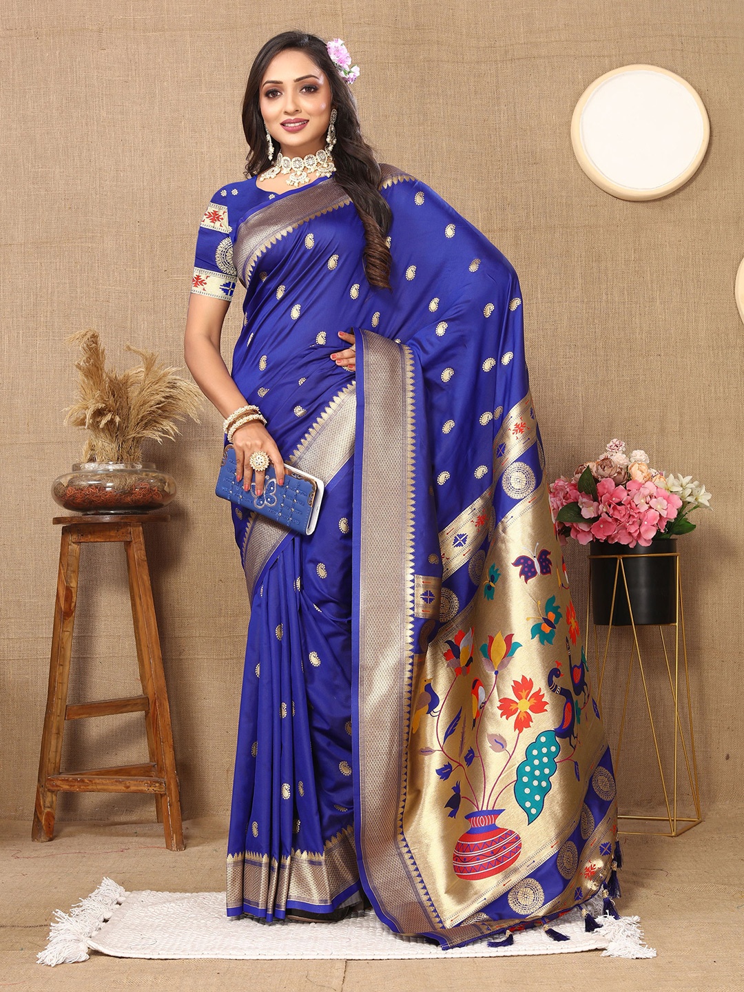 

V3 FASHION STUDIO Woven Design Zari Pure Silk Paithani Saree, Blue