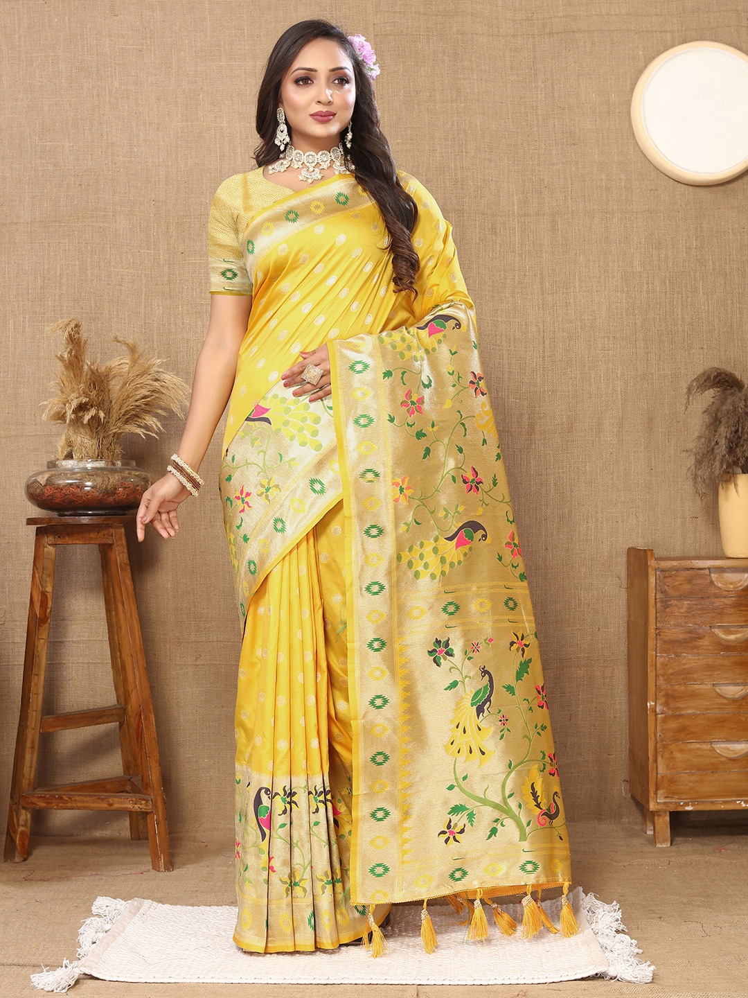 

V3 FASHION STUDIO Ethnic Motifs Woven Design Zari Pure Silk Paithani Saree, Yellow