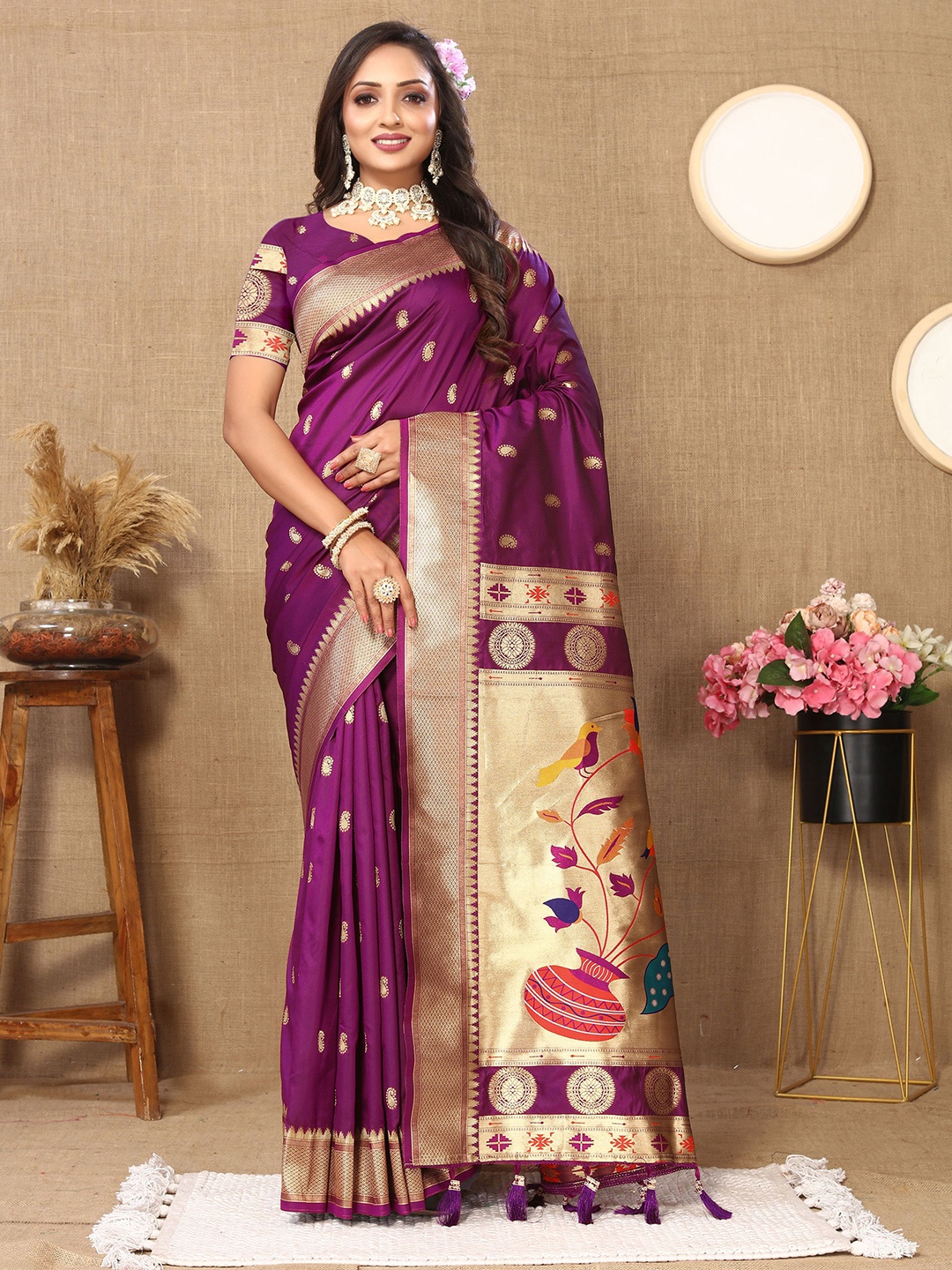 

V3 FASHION STUDIO Ethnic Motifs Woven Design Zari Pure Silk Paithani Saree, Purple