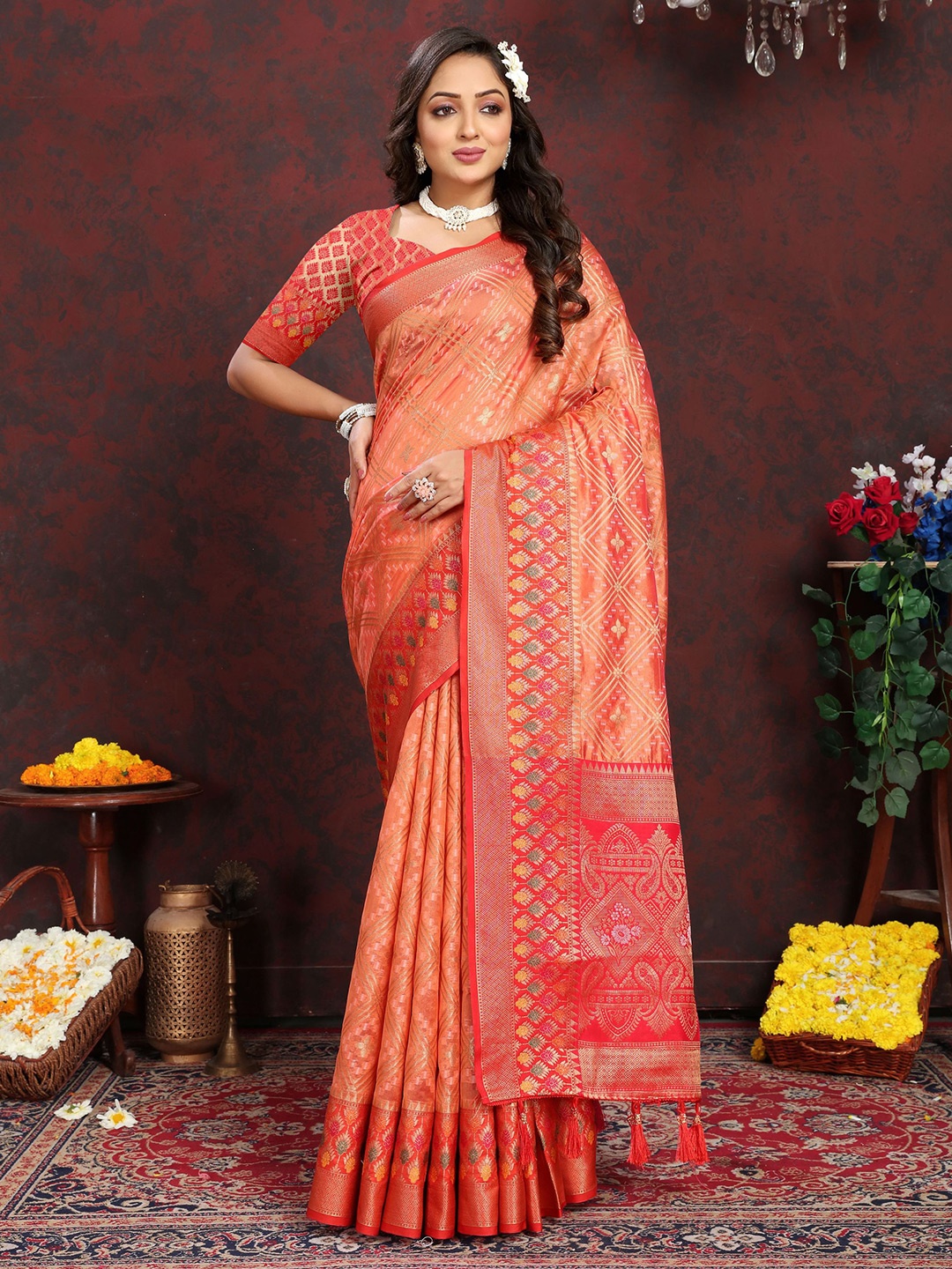 

V3 FASHION STUDIO Woven Design Zari Organza Banarasi Saree, Orange