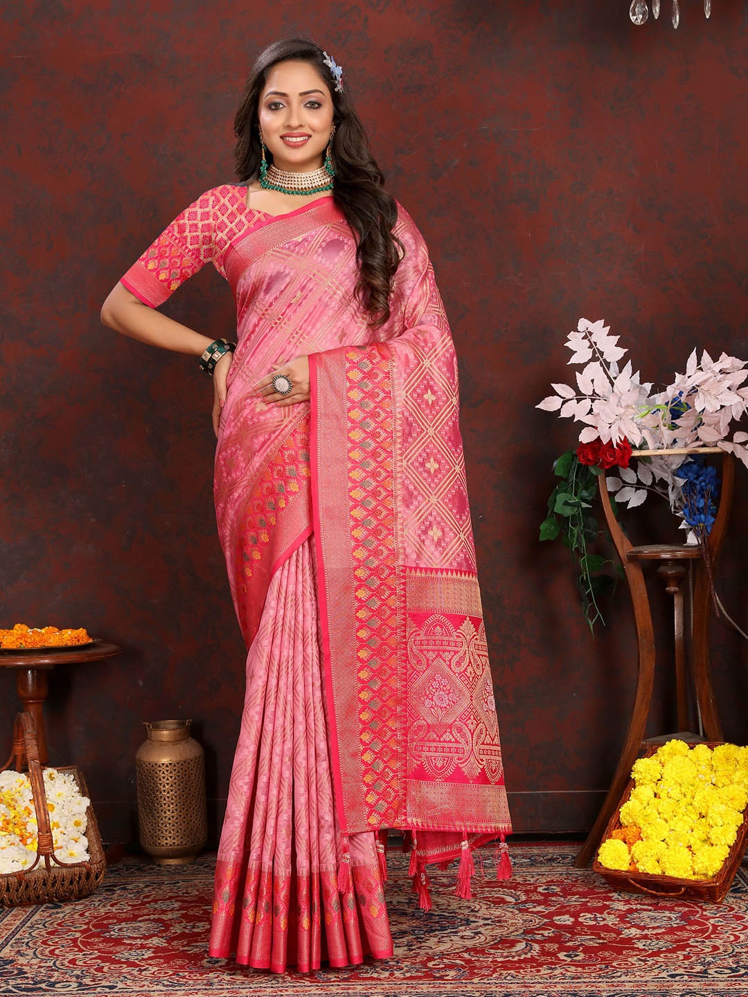 

V3 FASHION STUDIO Ethnic Motifs Zari Organza Banarasi Saree, Pink