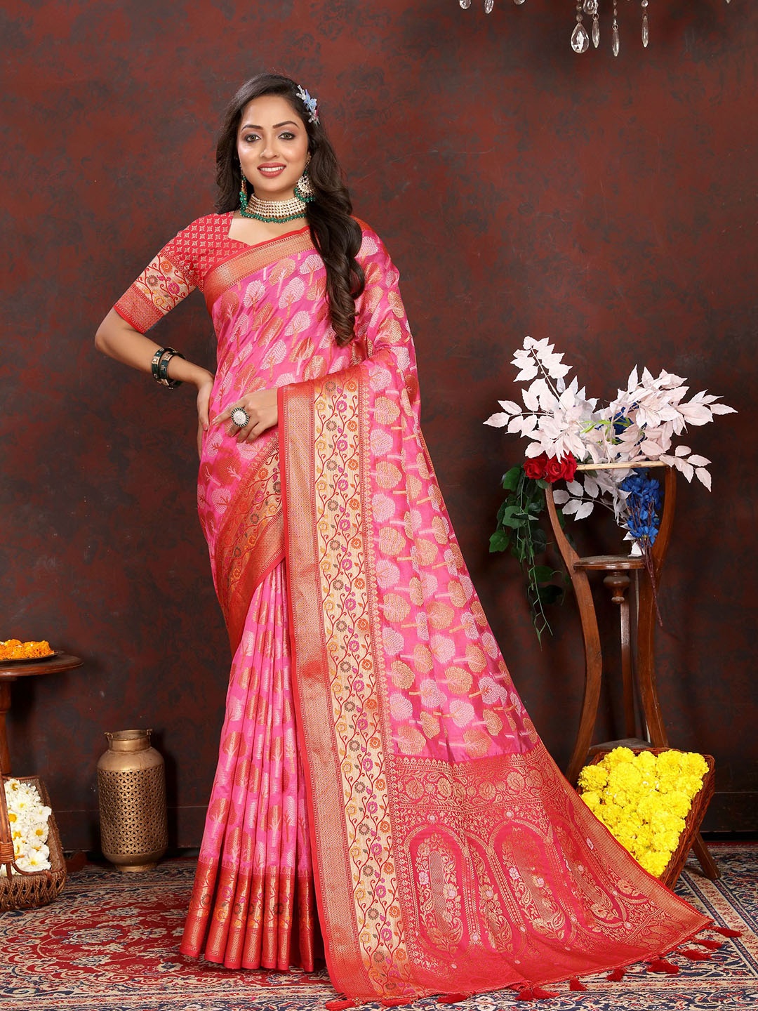 

V3 FASHION STUDIO Ethnic Motifs Zari Organza Banarasi Saree, Pink