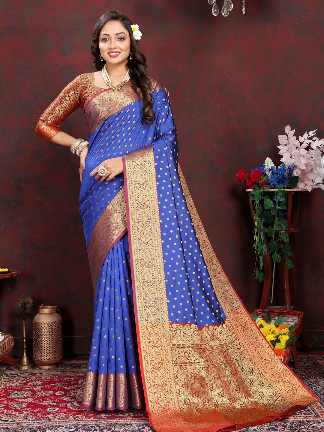

V3 FASHION STUDIO Ethnic Motifs Zari Silk Cotton Banarasi Saree, Blue