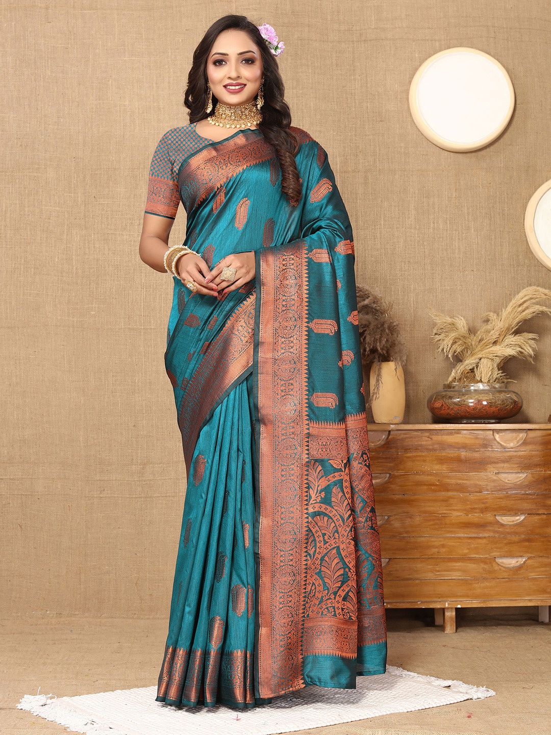 

V3 FASHION STUDIO Ethnic Motifs Woven Design Zari Silk Cotton Banarasi Saree, Teal