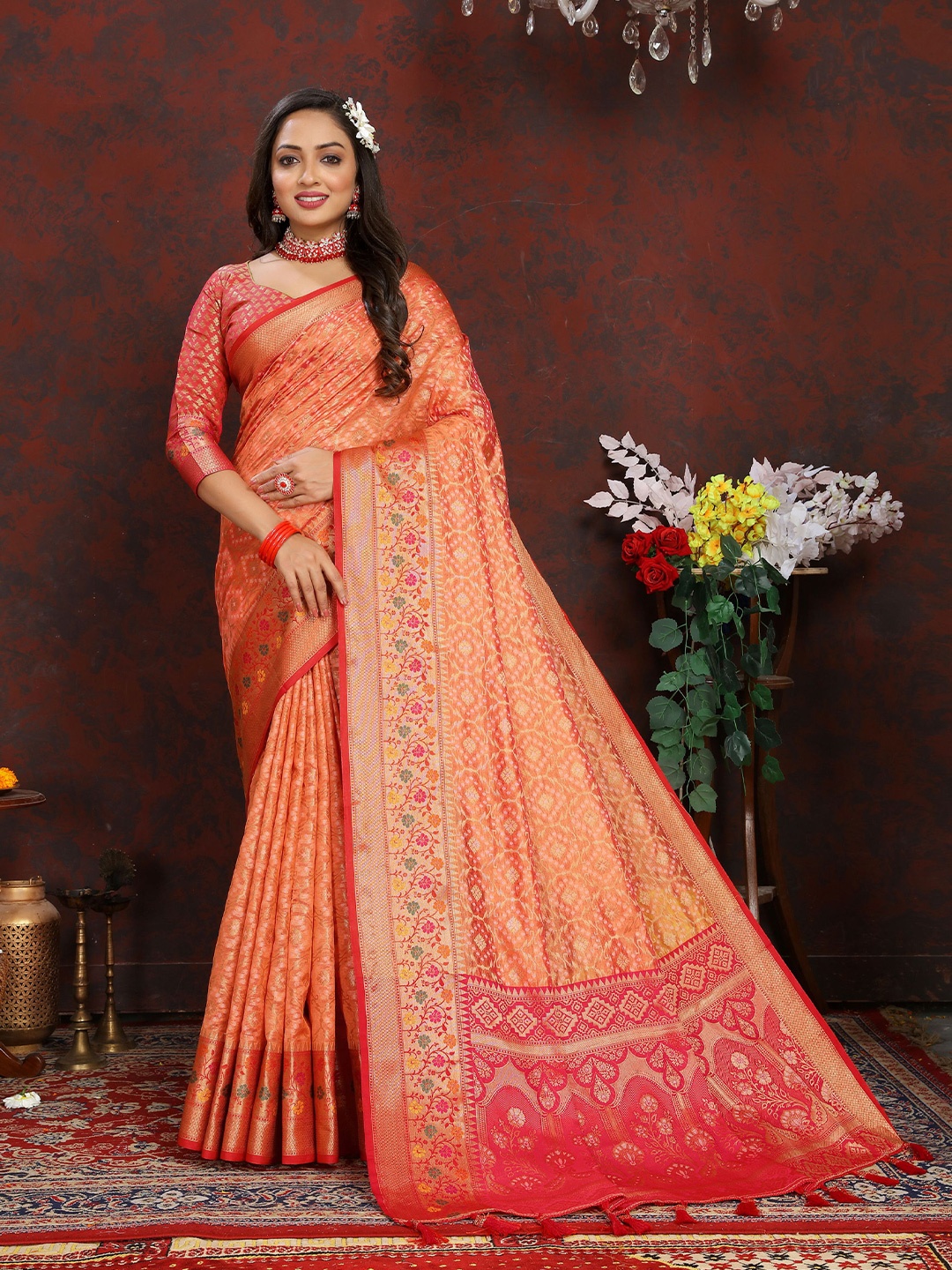 

V3 FASHION STUDIO Woven Design Zari Organza Banarasi Saree, Orange