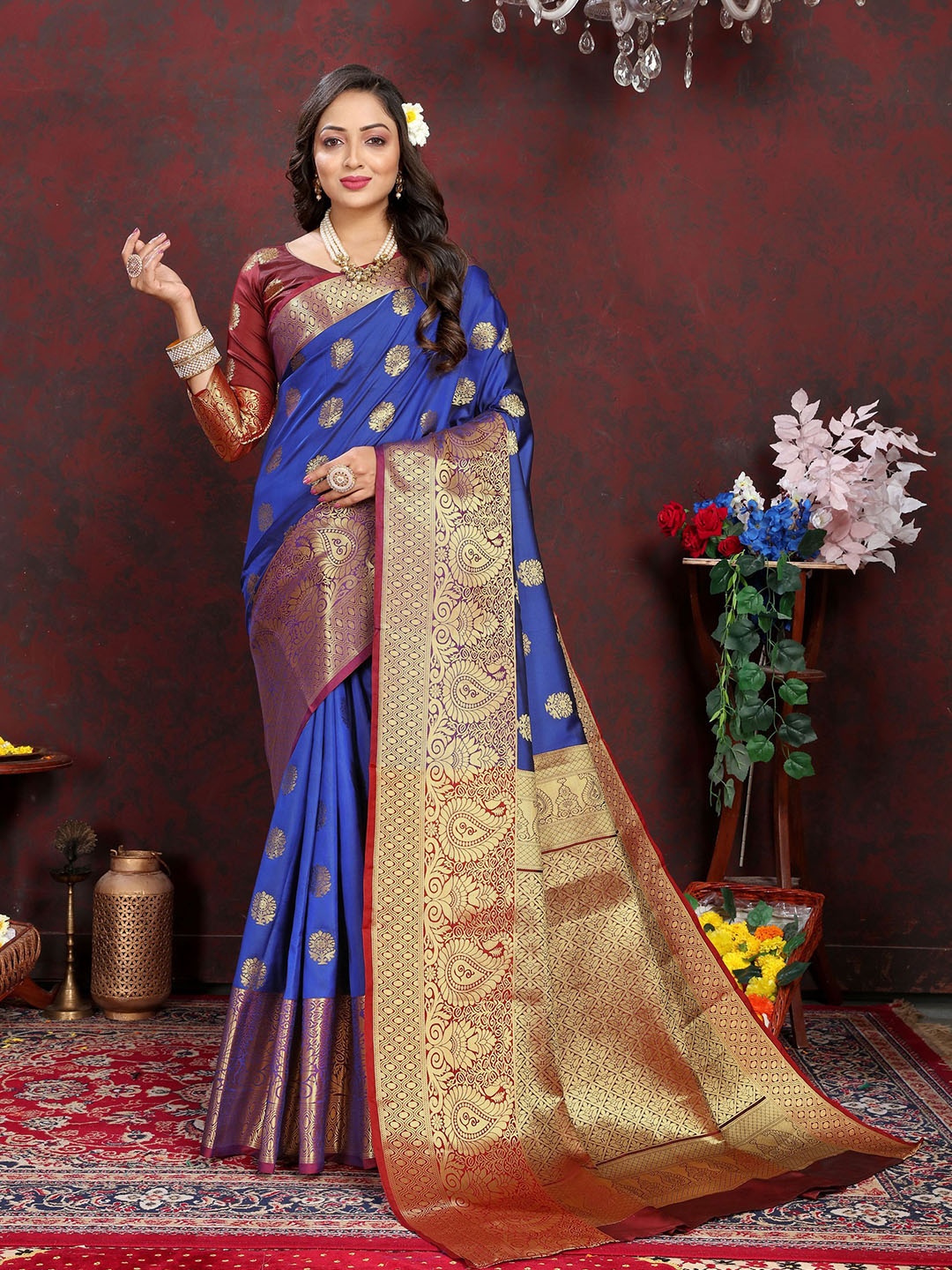 

V3 FASHION STUDIO Woven Design Zari Silk Cotton Banarasi Saree, Blue