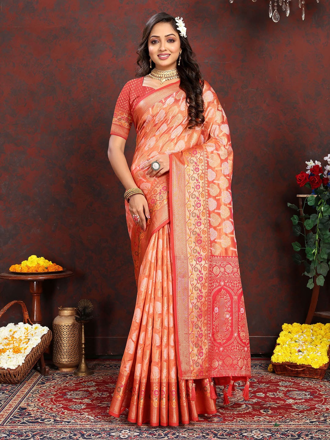 

V3 FASHION STUDIO Ethnic Motifs Woven Design Zari Organza Banarasi Saree, Orange