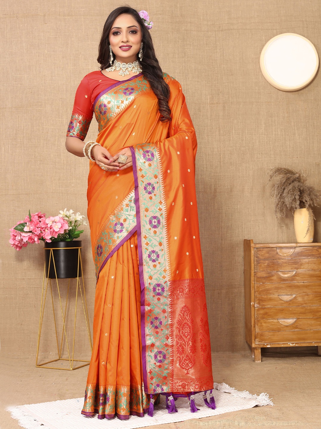 

V3 FASHION STUDIO Ethnic Motifs Zari Pure Silk Paithani Saree, Orange