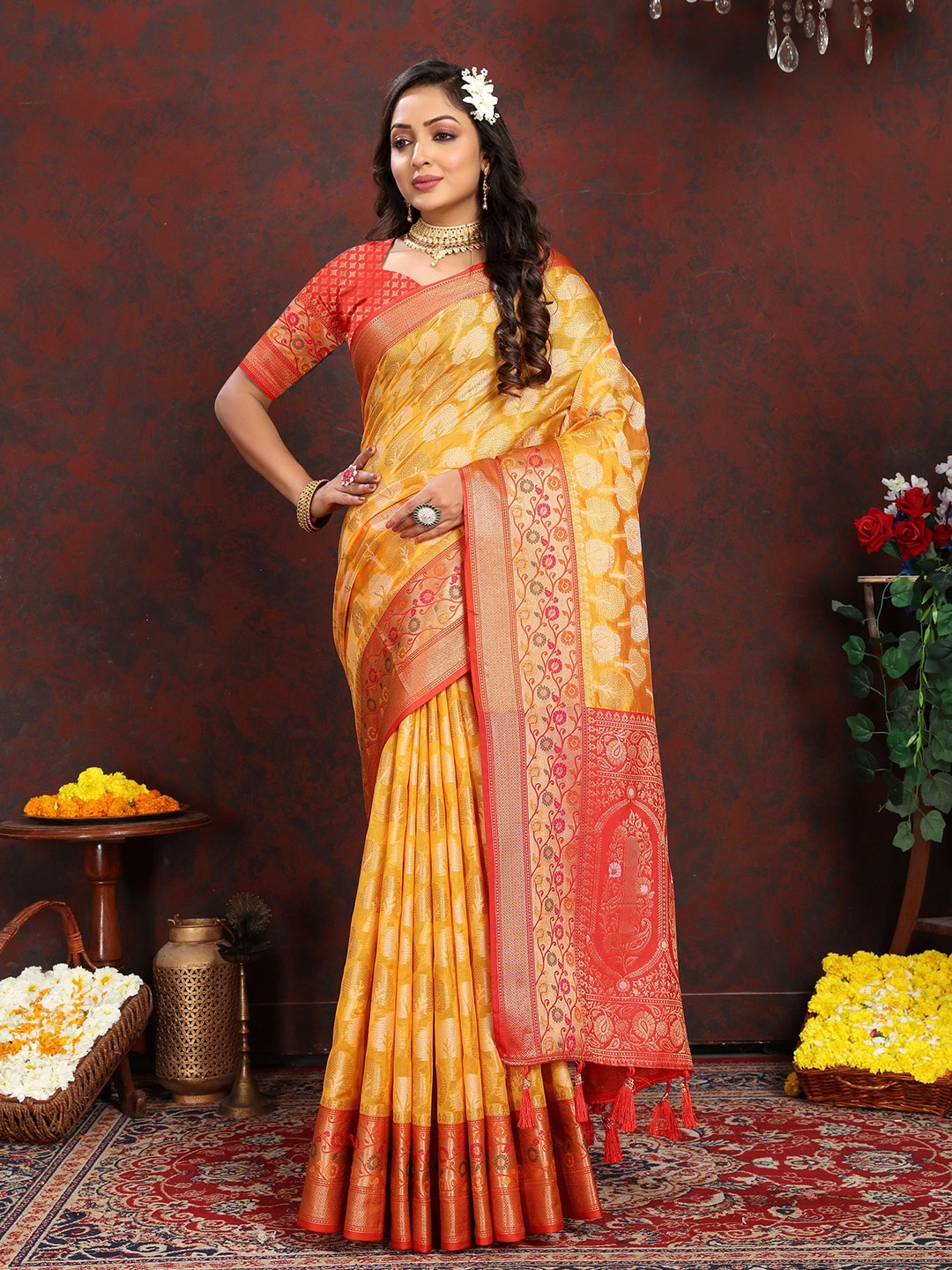 

V3 FASHION STUDIO Ethnic Motifs Woven Design Zari Organza Banarasi Saree, Yellow