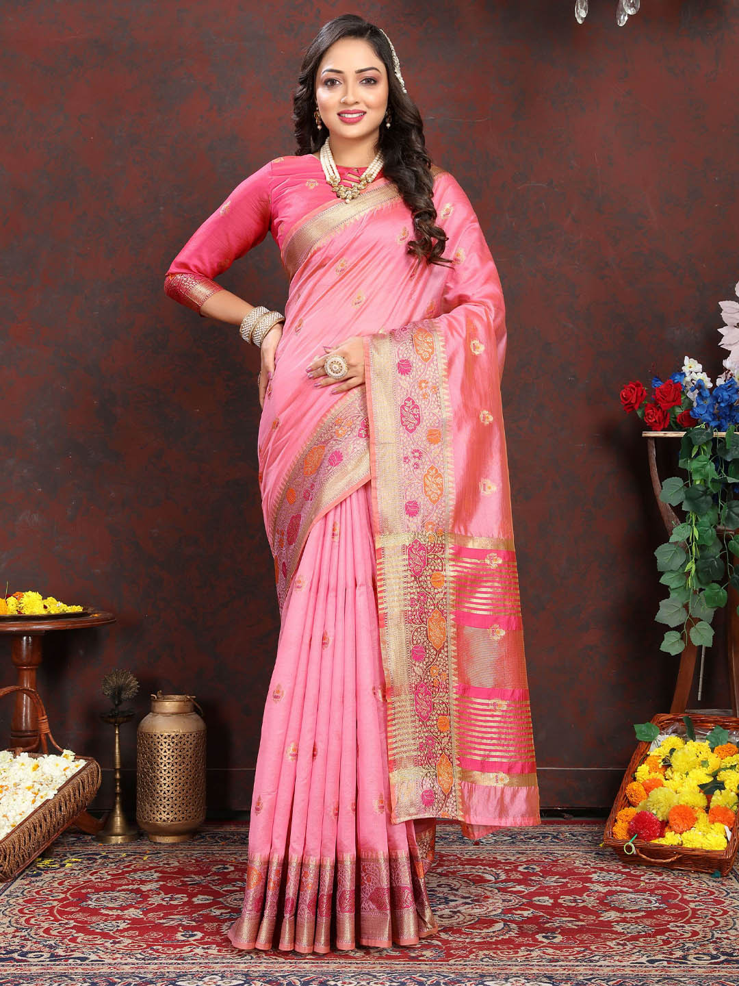 

V3 FASHION STUDIO Woven Design Zari Organza Banarasi Saree, Pink