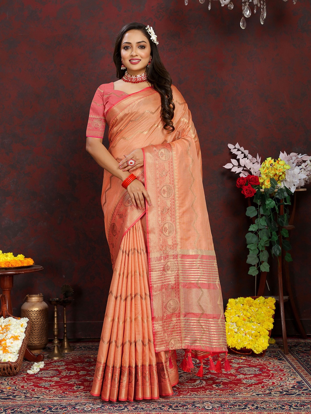 

V3 FASHION STUDIO Woven Design Zari Silk Cotton Banarasi Saree, Orange