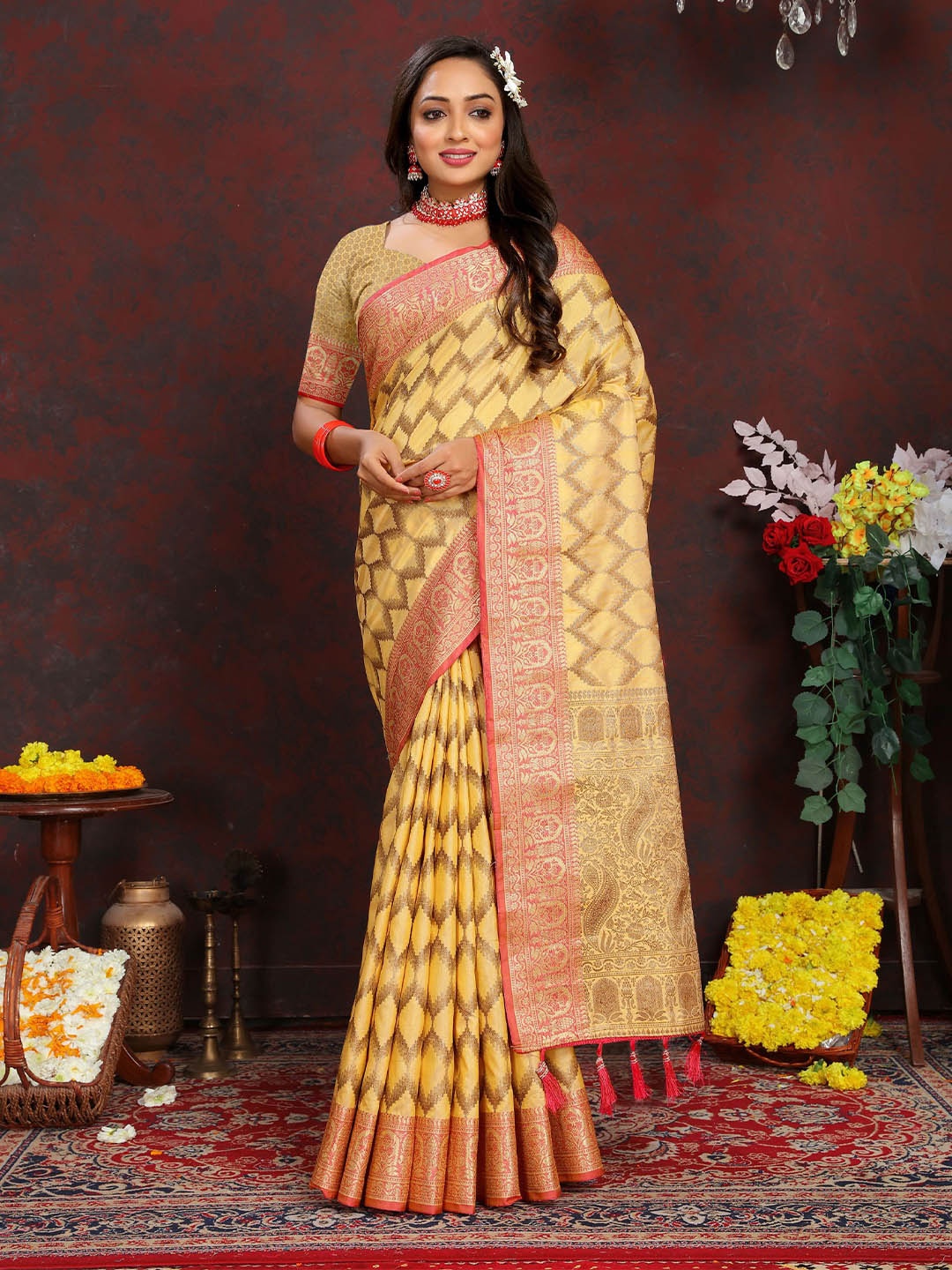 

V3 FASHION STUDIO Woven Design Zari Silk Cotton Banarasi Saree, Yellow