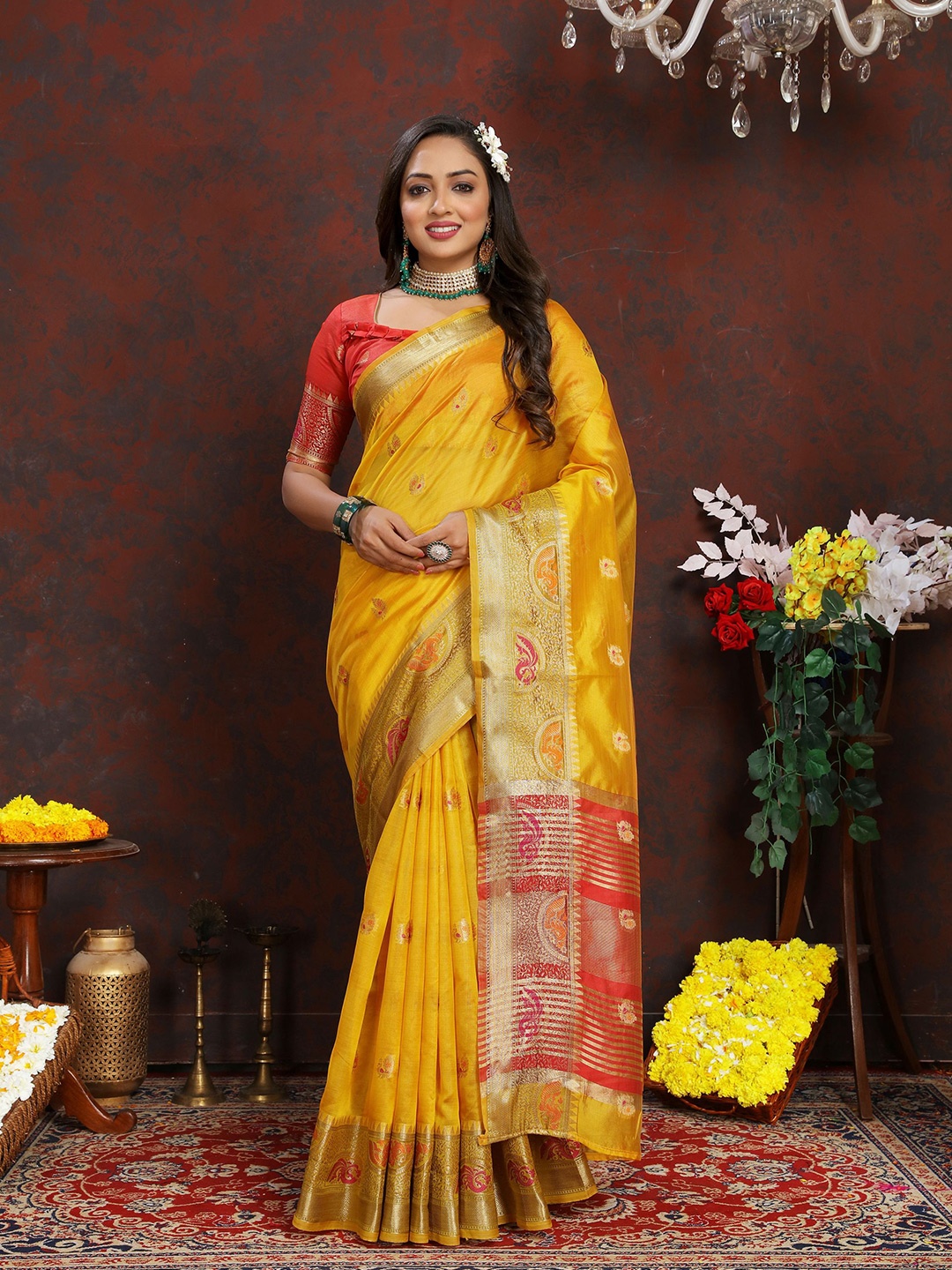 

V3 FASHION STUDIO Woven Design Zari Organza Banarasi Saree, Yellow