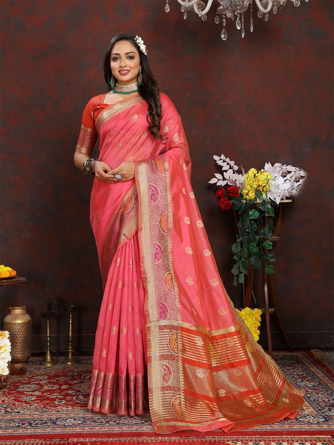 

V3 FASHION STUDIO Ethnic Motifs Zari Organza Banarasi Saree, Peach