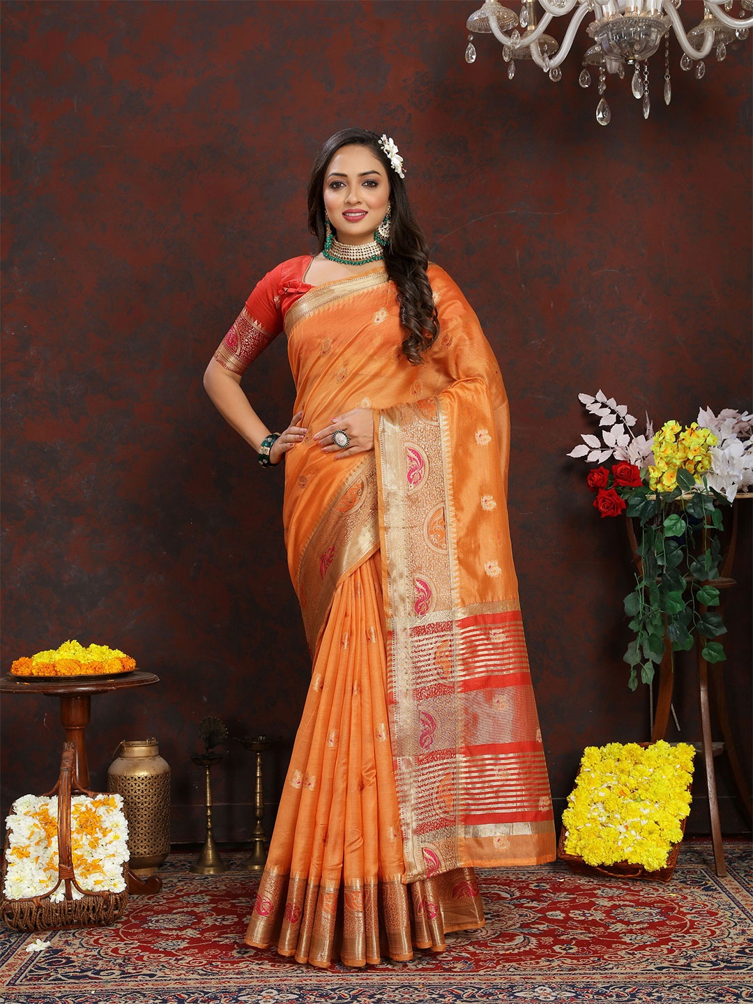 

V3 FASHION STUDIO Ethnic Motifs Woven Design Zari Organza Banarasi Saree, Orange